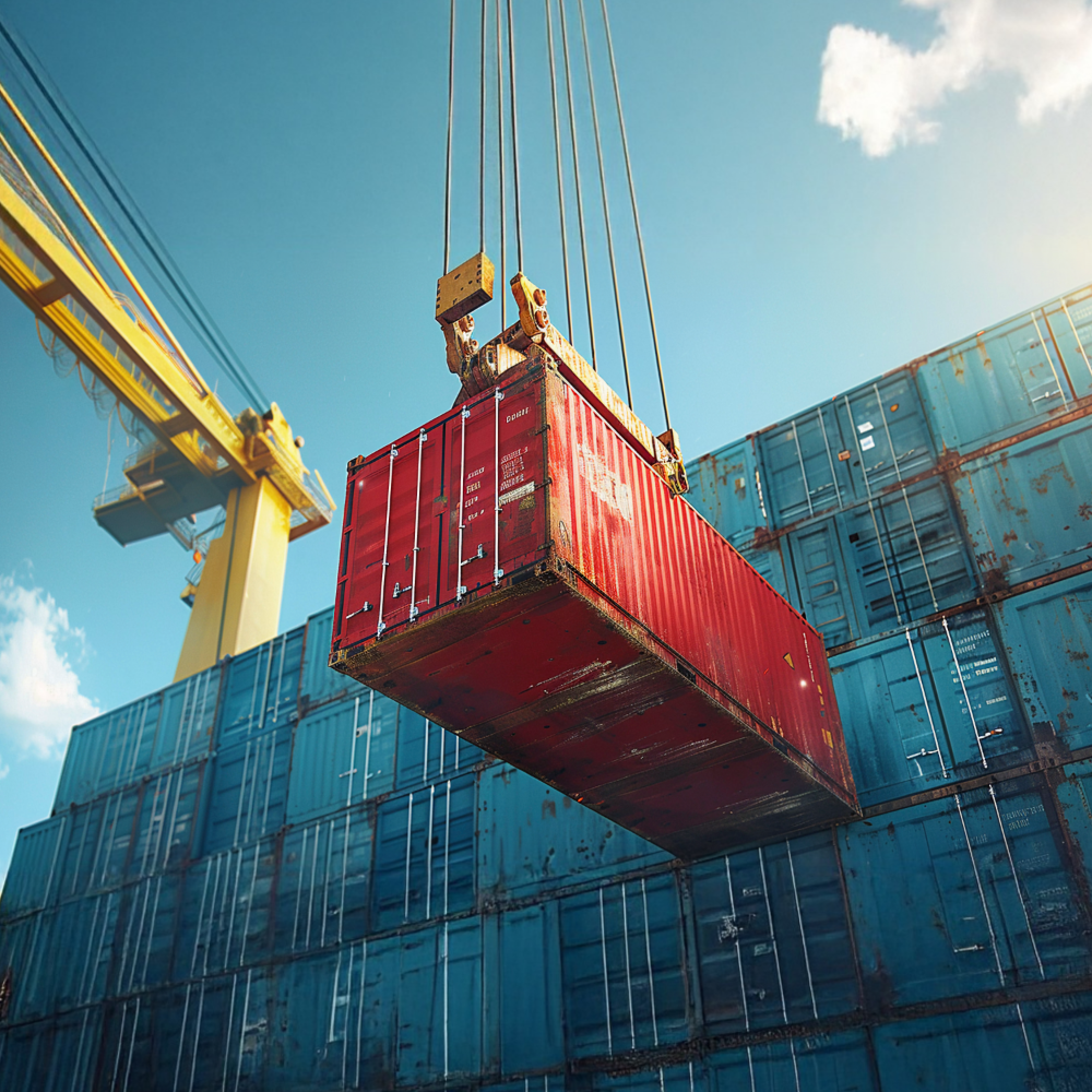 Red shipping container being loaded onto a ship using a crane, representing the FOB (Free on Board) shipping incoterm where seller responsibilities end once the cargo is on board